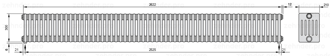 Схема (чертеж) Радиатор Zehnder Charleston 6030/57 №3570 Белый глянцевый RAL 9016
